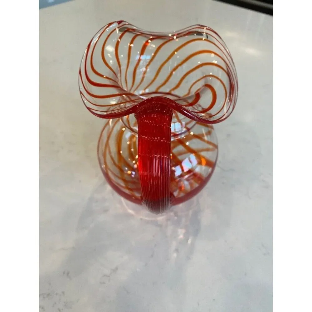 Vintage Red Swirl Ruffled Brim Hand Blown Glass Pitcher, 7